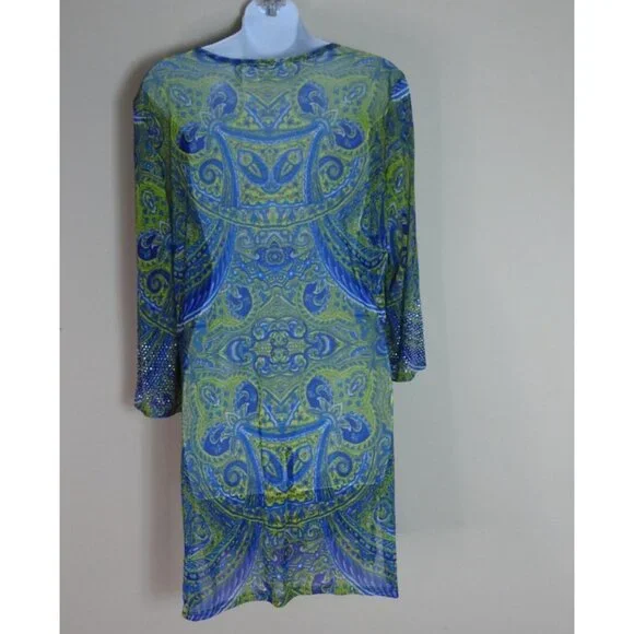 INC International Concepts Womenβs Tunic Top Blue Green Paisley Print Embellish - Picture 2 of 10